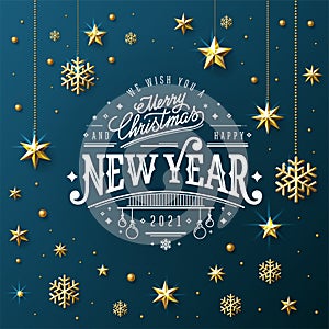 New Year 2021 lettering with Golden stars Vector Illustration.