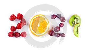 New year 2021 made of fruits on the white background. Healthy food