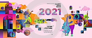 New Year 2021 Music Festival and Party celebration banner. Rock, blues, jazz, New Year music concert