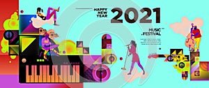 New Year 2021 Music Festival and Party celebration banner. Rock, blues, jazz, New Year music concert