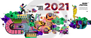 New Year 2021 Music Festival and Party celebration banner. Rock, blues, jazz, New Year music concert