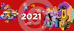 New Year 2021 Music Festival and Party celebration banner. Rock, blues, jazz, New Year music concert