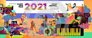 New Year 2021 Music Festival and Party celebration banner. Rock, blues, jazz, New Year music concert