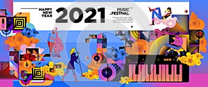 New Year 2021 Music Festival and Party celebration banner. Rock, blues, jazz, New Year music concert