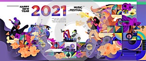 New Year 2021 Music Festival and Party celebration banner. Rock, blues, jazz, New Year music concert