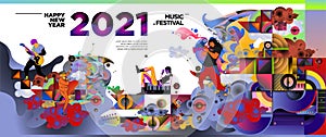 New Year 2021 Music Festival and Party celebration banner. Rock, blues, jazz, New Year music concert