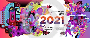 New Year 2021 Music Festival and Party celebration banner. Rock, blues, jazz, New Year music concert