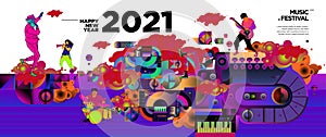 New Year 2021 Music Festival and Party celebration banner. Rock, blues, jazz, New Year music concert