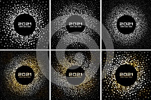 New Year 2021 night party set. Greeting cards. Gold glitter paper confetti. Glistening silver festive lights. Vector