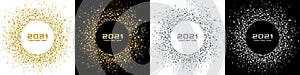 New Year 2021 night party set. Greeting cards. Gold glitter paper confetti. Glowing circle frame. Christmas. Vector