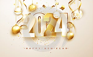 New year 2022. Banner with numbers date 2022 Christmas decoration and confetti on white background. Holiday greeting