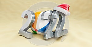 New year 2022 on the beach, beach ball 3D illustration