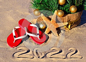 New Year 2022 on the beach. Christmas tree on the beach