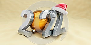 New year 2022 on the beach santa hat 3D illustration, 3D rendering