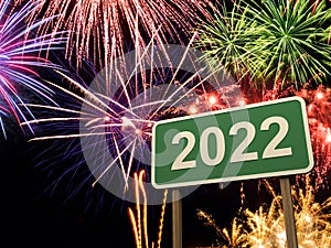 New Year 2022 Creative Design Concept with Sign Board and fire crackers - 3D Rendered Image