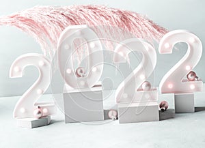 New year 2022 lights numbers with pink pampas branch, podiums