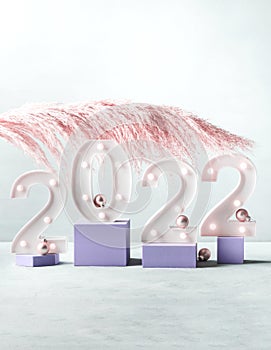 New year 2022 numbers with pampas branch on purple podiums