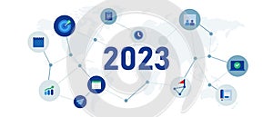 New year 2023 business plan target company corporate graphic illustration of marketing goals growth global network