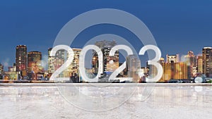 New Year 2023 in the city. Panoramic city background with happy new year 2022 celebration