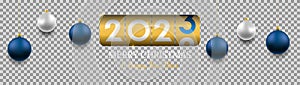 New year 2023 counter. Merry Christmas and Happy New Year vector banner. Realistic rose gold and blue baubles, snowflakes hanging