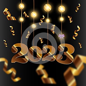 New Year 2023. Golden numbers, serpentine and glowing balls on a black bacrground.