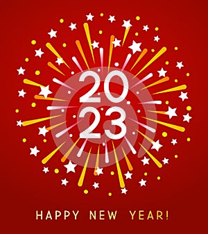 New Year 2023 greeting card design with firework on red background