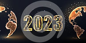 New Year 2023 to World elegant gold greeting card or banner. Futuristic glowing style on black