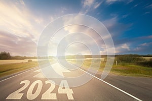 New year 2024 and business strategy concept. 2024 written on the road. Concept of planning, goal, challenge, new year resolution