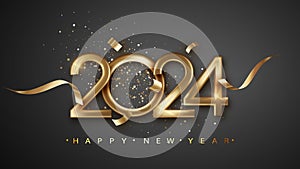 New year 2024 celebrations with gold realistic metal number. Premium Vector Design for Happy New Year and Christmas