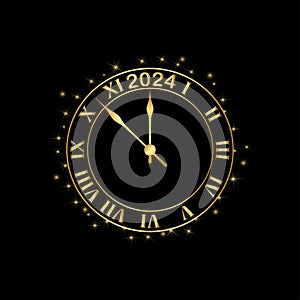 New Year 2024. Clock hand shows about 2024 o\'clock. Gold shiny. Vector illustration. EPS 10