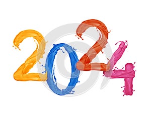 New Year 2024 date made of colored paint splashes isolated on white background