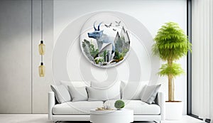New Year 2024 Futuristic Technology themed wallpaper in a white specious living room. Ai Generated
