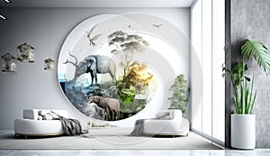 New Year 2024 Futuristic Technology themed wallpaper in a white specious living room. Ai Generated