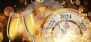 New Year 2024 with gold vintage clock, champagne, confetti and fireworks, concept. New Year\'s Eve, creative idea