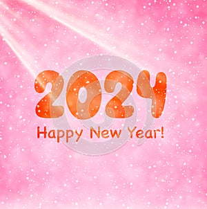 New Year 2024 numbers on pink winter background with beautiful sun rays and blurred snowflakes