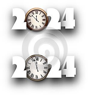 New Year 2024 paper numbers with round clock face for calendar header on white background