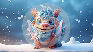 New year 2024 poster with cartoon 3d dragon character on snowy background.