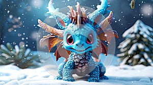 New year 2024 poster with cartoon 3d dragon character on snowy background.