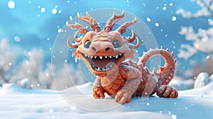 New year 2024 poster with cartoon 3d dragon character on snowy background.