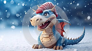 New year 2024 poster with cartoon 3d dragon character on snowy background.