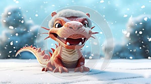 New year 2024 poster with cartoon 3d dragon character on snowy background.