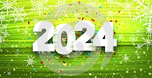 New Year 2024 poster with white paper numbers on bright green textured background with colorful confetti and snowflakes