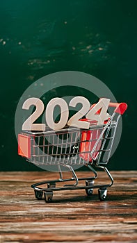 New year 2024 in shopping trolley, online shopping concept