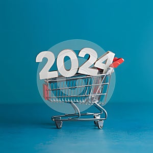 New year 2024 in shopping trolley, online shopping concept