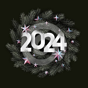 New Year 2024 white paper numbers for calendar header on round Christmas wreath made of green fir branches on with gradient