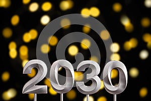 New year 2030 - Silver number on black background with defocused lights