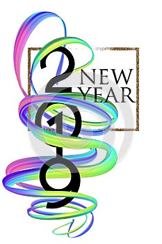 NEW YEAR 2019 ABSTRACT BACKGROUND WITH CORORFUL CURLY RIBBONS, GOLD FRAME. VECTOR ILLUSTRATION photo