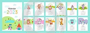 New year 2023 animal home calendar. Cute tribal penguin, zebra giraffe and koala. Cute wild animals on diverse months
