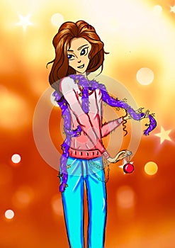 New year art illustration of a girl in a pink sweater and tinsel with a Christmas ball in hand preparing for Christmas