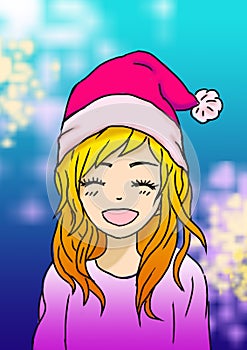 New year art illustration of a girl smiling in a pink sweater and tinsel with a santa hat on her head getting ready for Christmas